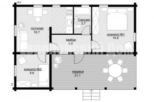 Casa 70 m2 con due camere da letto e un ampio terrazzo dettagliato il layout +